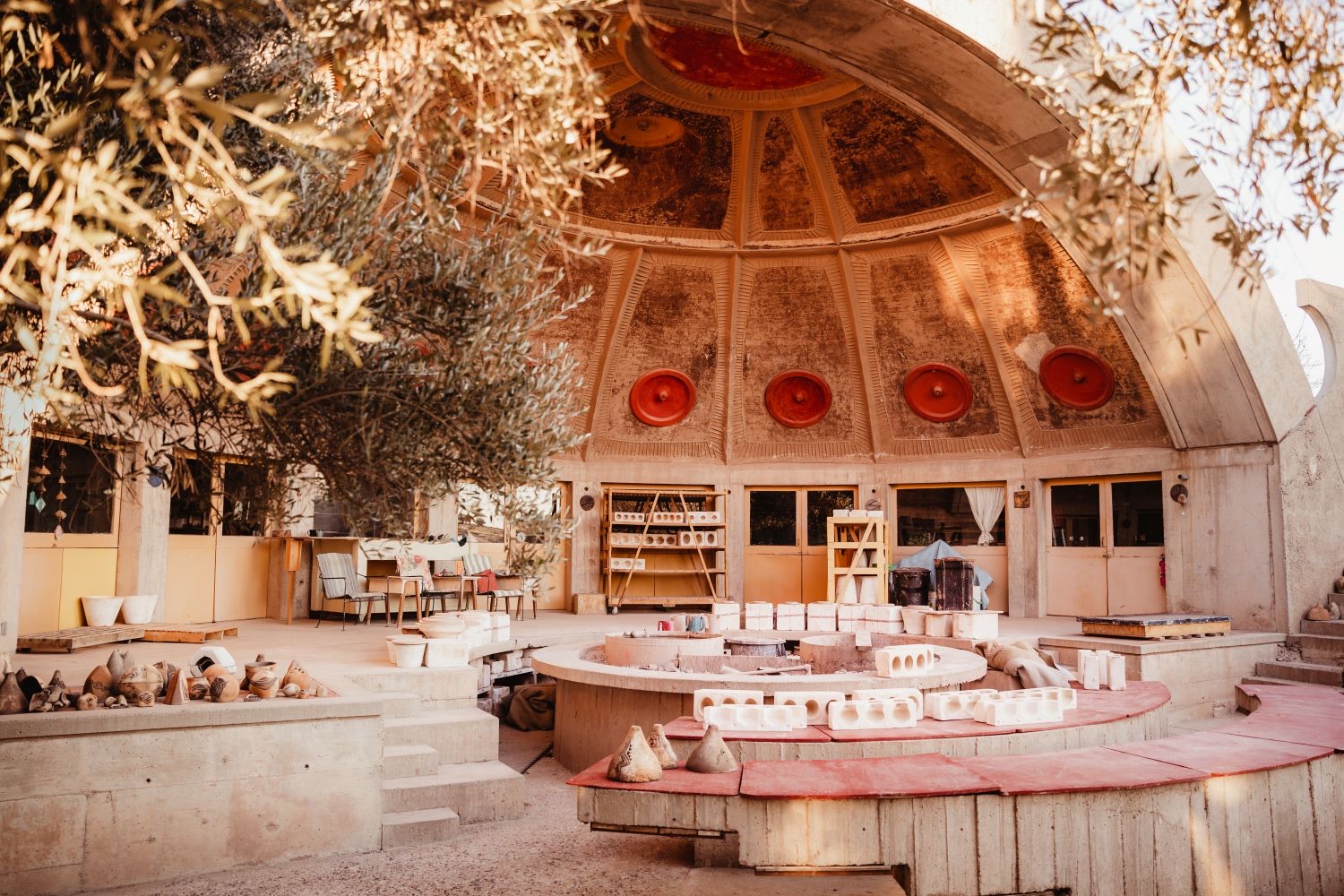 The ceramics-and-foundry apse, where the bells are made on-site. The artisans are part of Cosanti, employed under the for-profit arm.