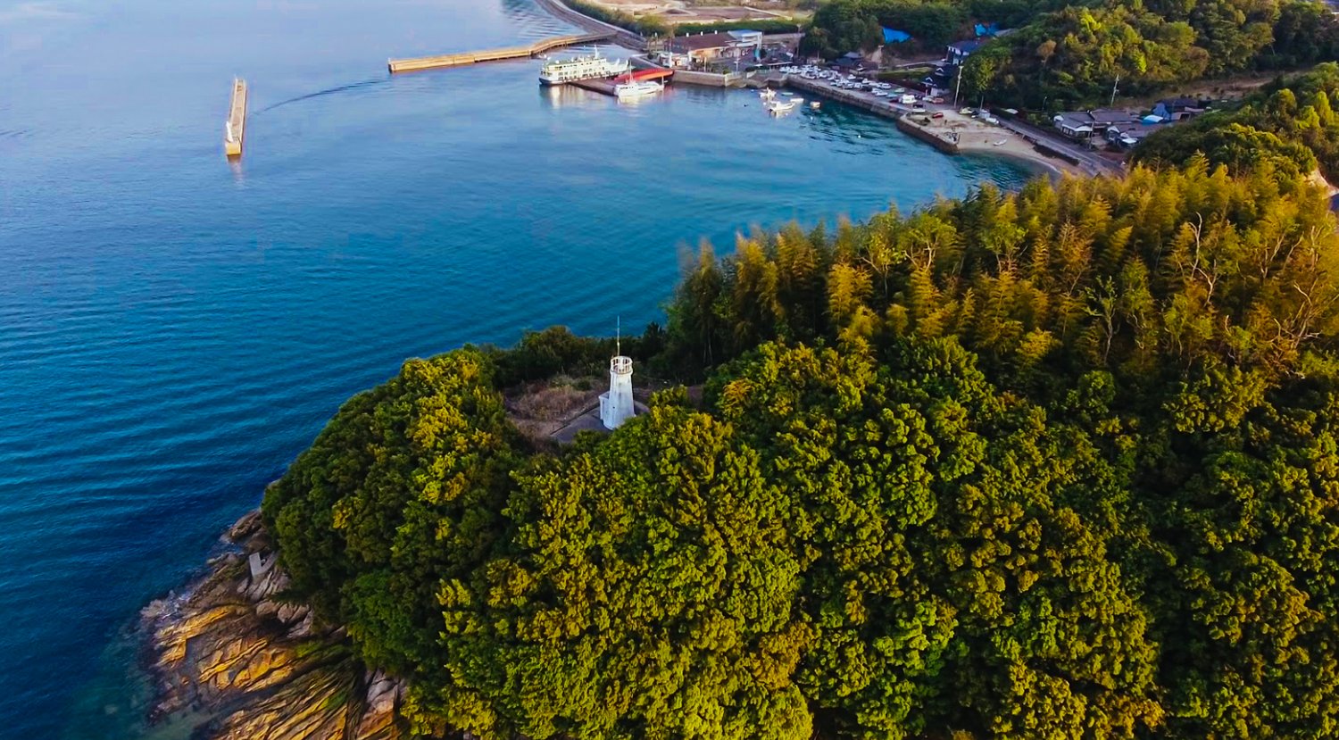 Aerial view of Sagishima: headland, observation tower, and Sagiura harbor in the Seto Inland Sea
