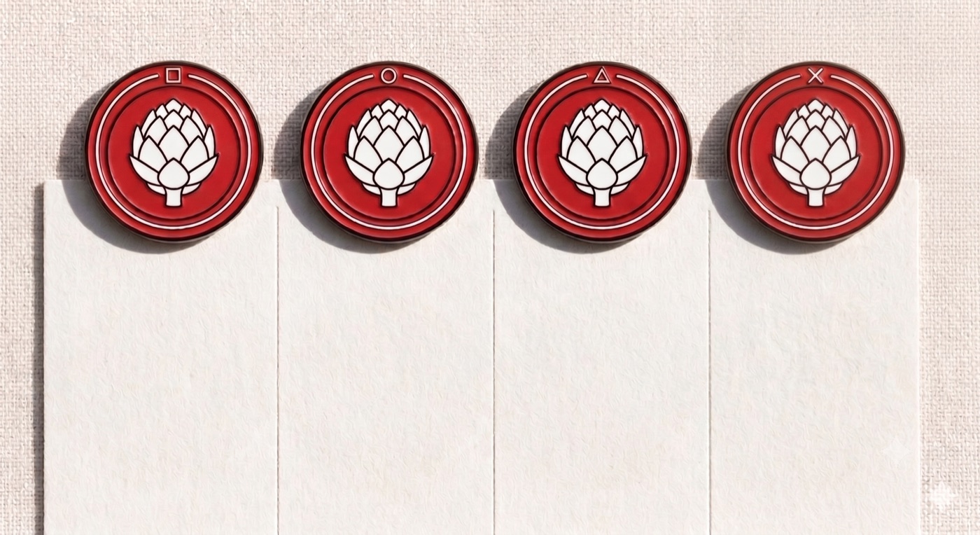 Four red enamel pins in a row, each with a white artichoke and a different group mark (square, circle, triangle, X) at the top