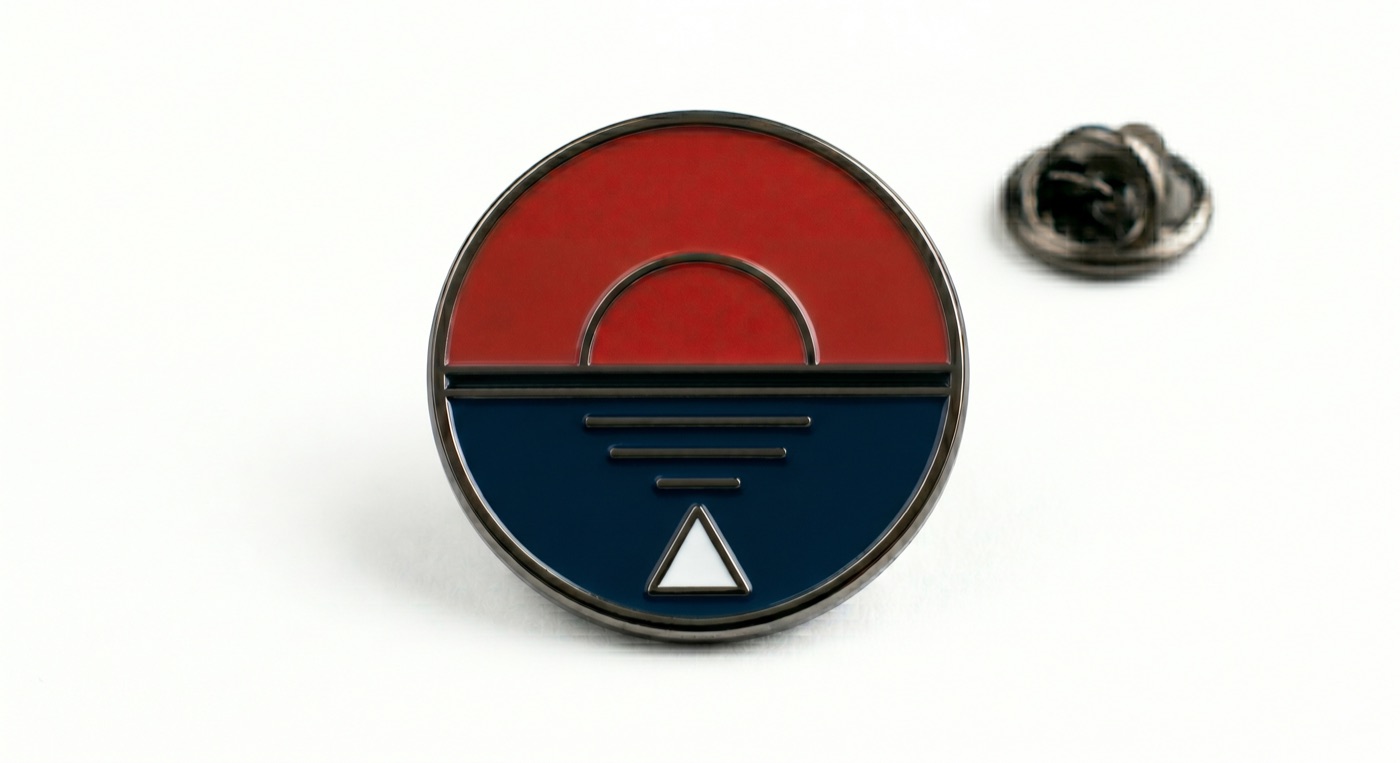 Enamel pin, the Half-Risen Sun over a red and navy field with a white triangle mark
