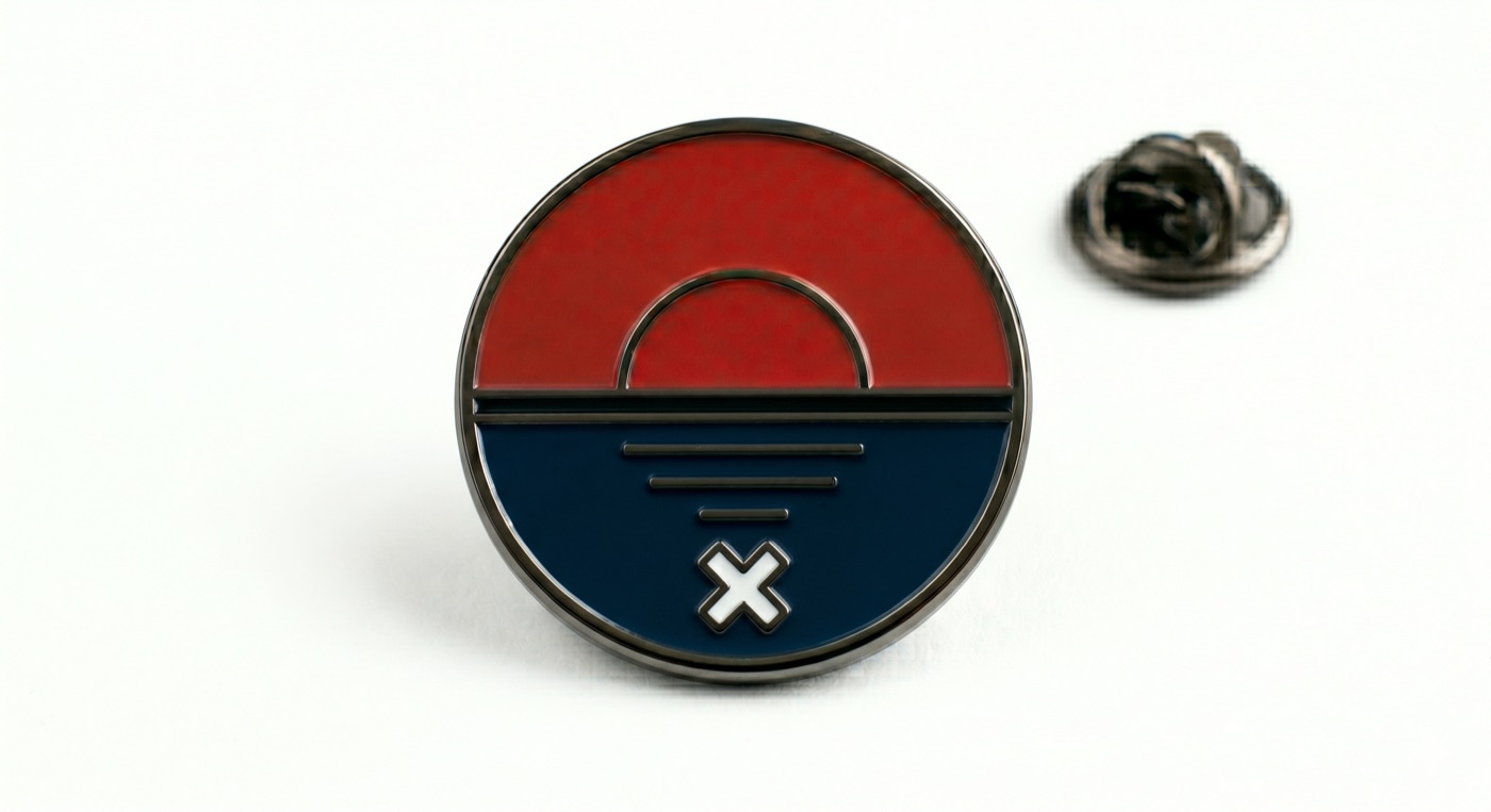 Enamel pin, the Half-Risen Sun with a white X mark